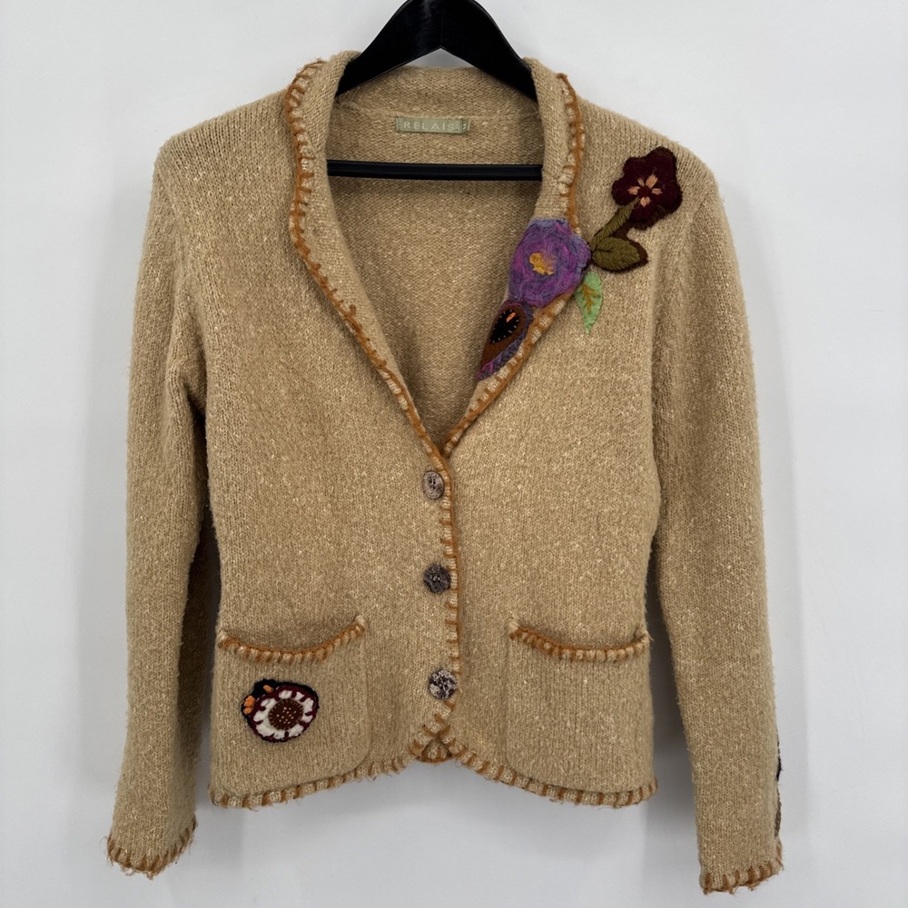 Relais Mohair‎ Blend Floral Applique Boho Hippie Sweater 3 Button Blazer-Size M